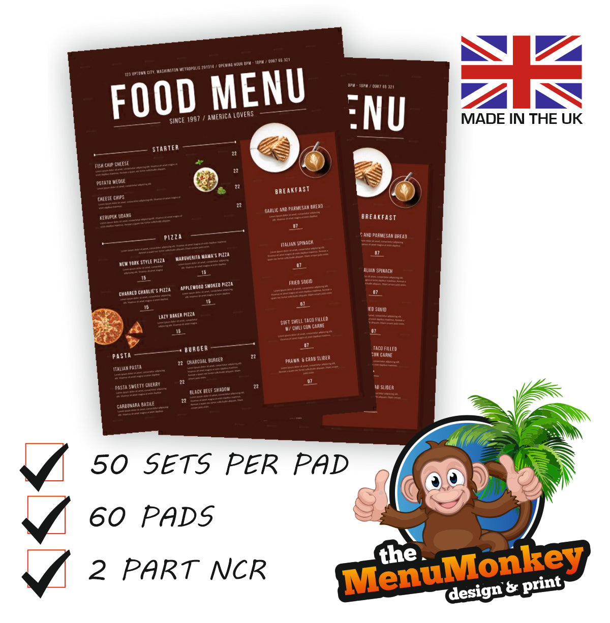 2pp A4 Menu Personalised x50,x100