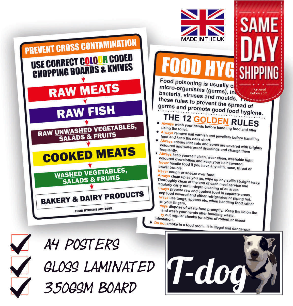 FOOD HYGIENE PREVENT CROSS CONTAMINATION/KITCHEN RULES 2 x A4 LAMINATED POSTERS