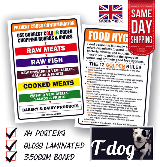 FOOD HYGIENE PREVENT CROSS CONTAMINATION/KITCHEN RULES 2 x A4 LAMINATED POSTERS